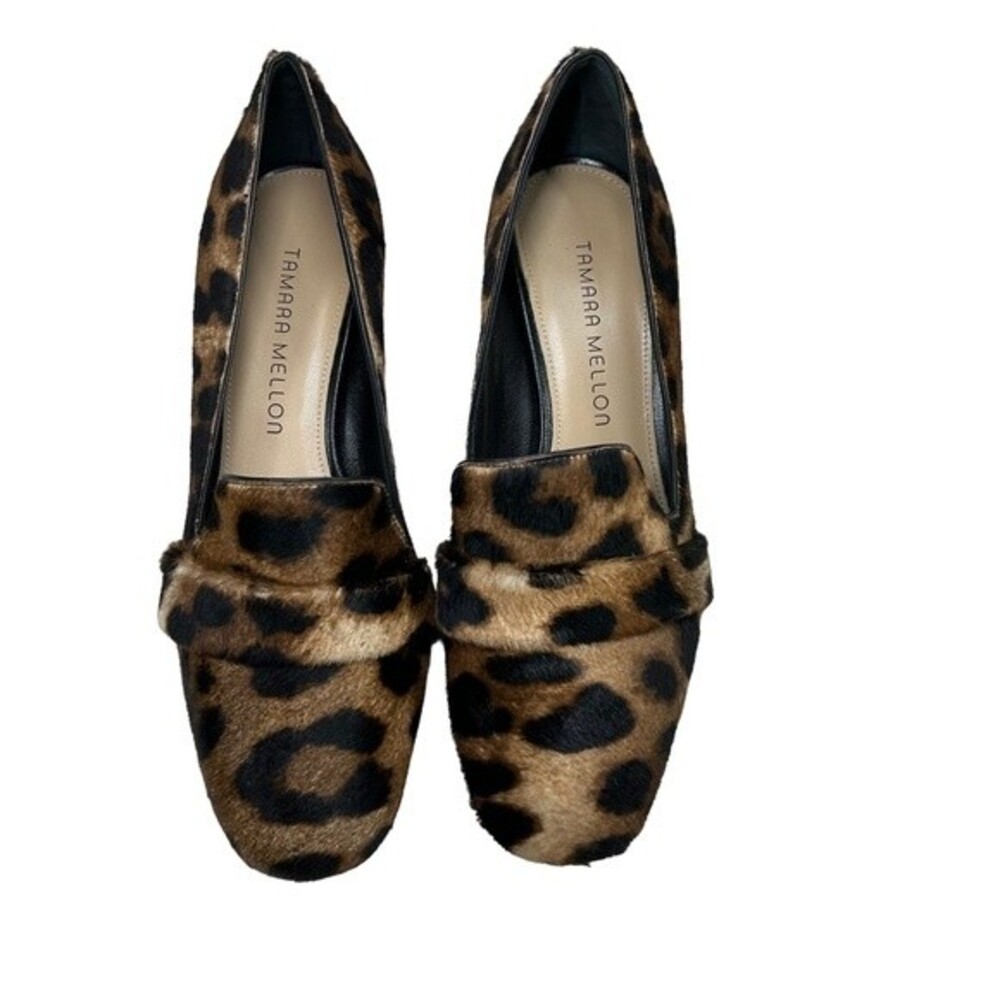 Tamara Mellon Fellini Haircalf Brown Leopard Loafers Block Heel 36.5 / 6.5